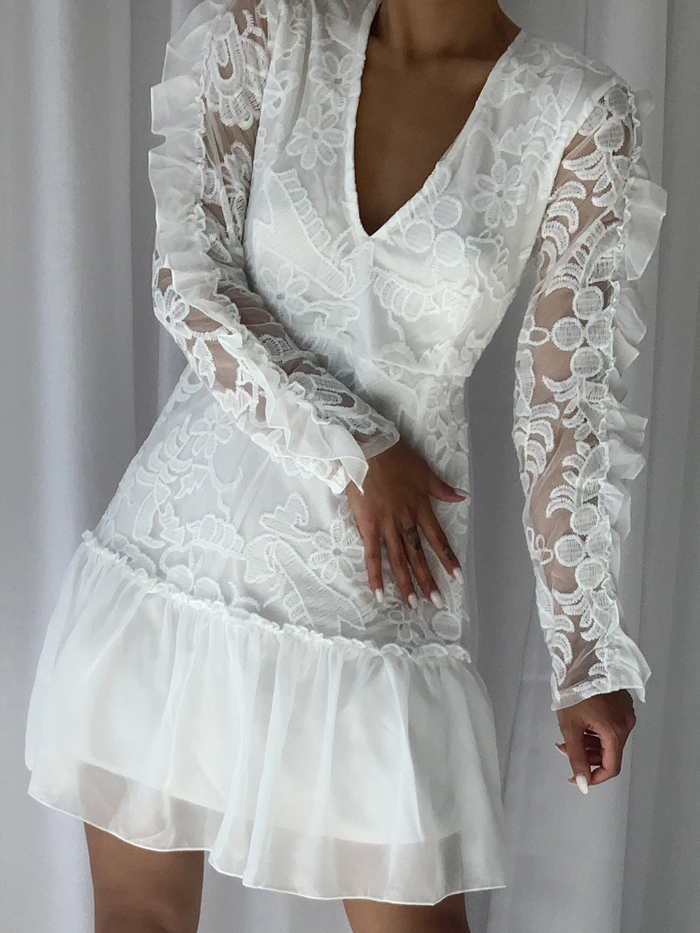 Deep V Neck Floral Lace Long Sleeve Chiffon Ruffle Hem Mini Dress