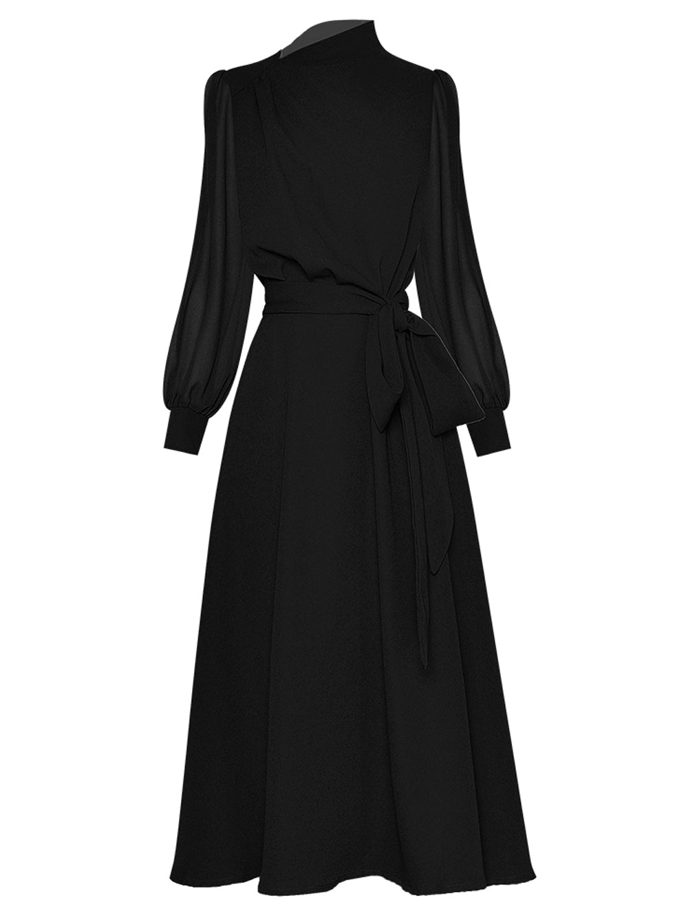 Mock Neck Lantern Sleeve Self Tie Sash Belted A Line Maxi Dress