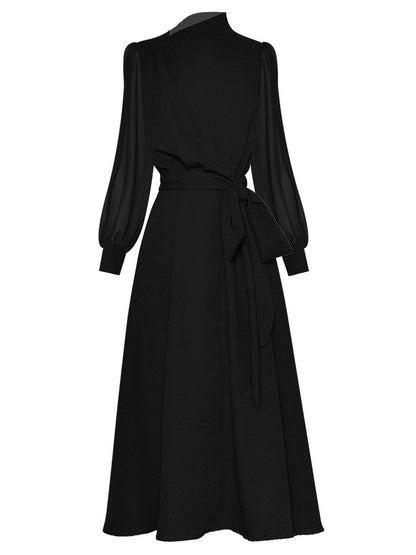 Mock Neck Lantern Sleeve Self Tie Sash Belted A Line Maxi Dress