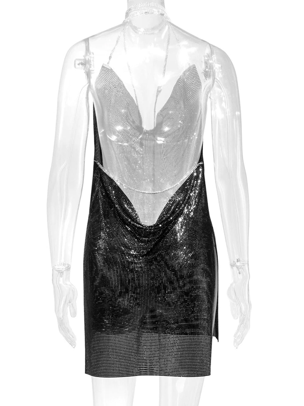 Rhinestone Chain Halter Cowl Neck Chainmail High Slit Mini Dress