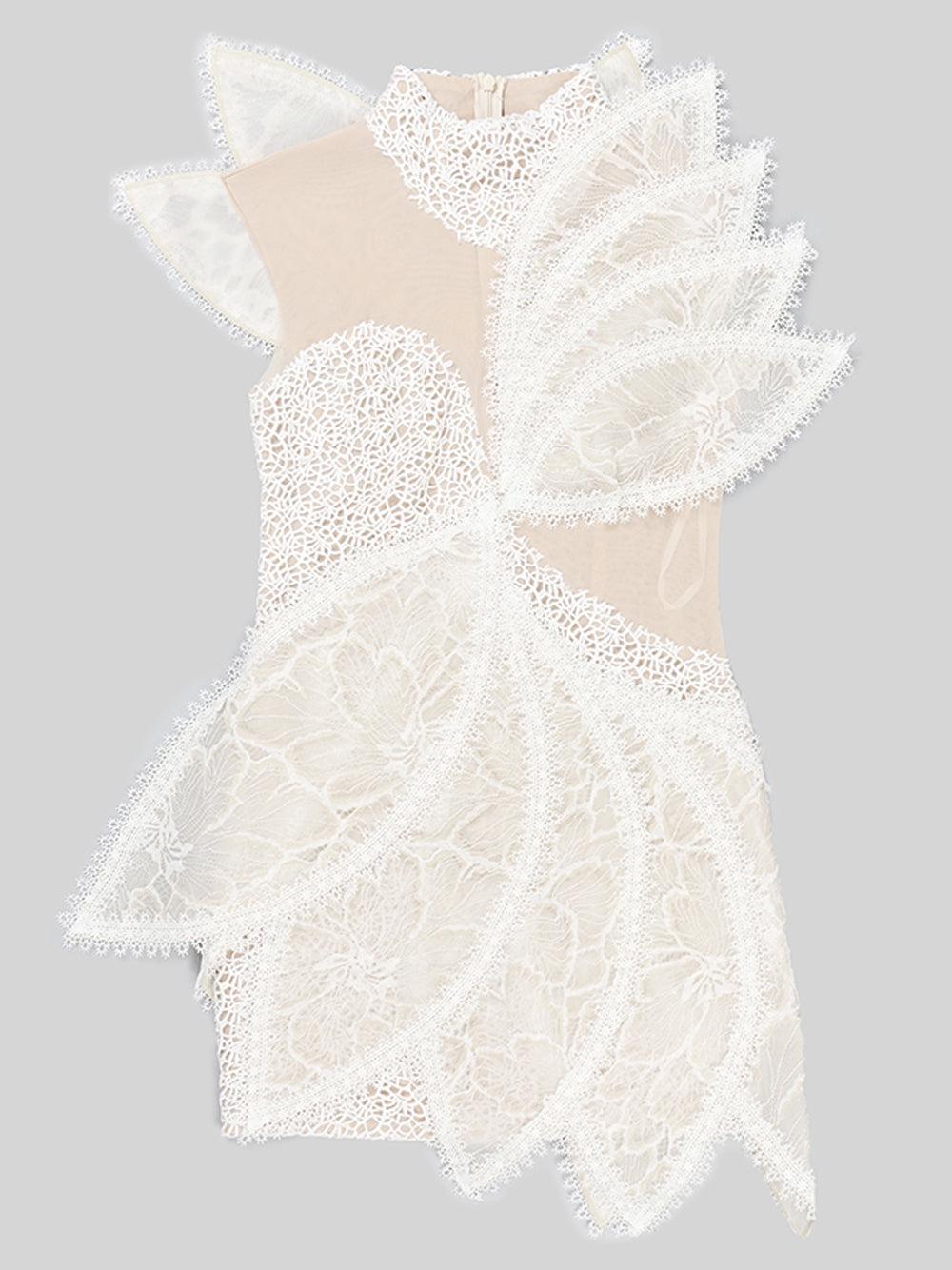High Neck One Shoulder Architectural Lace Fan Panel Mini Dress