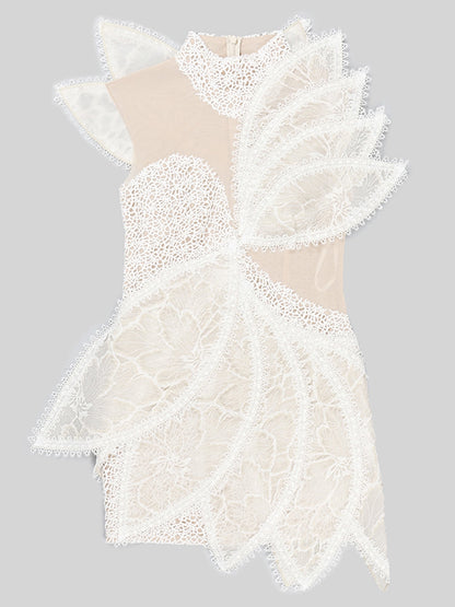 High Neck One Shoulder Architectural Lace Fan Panel Mini Dress