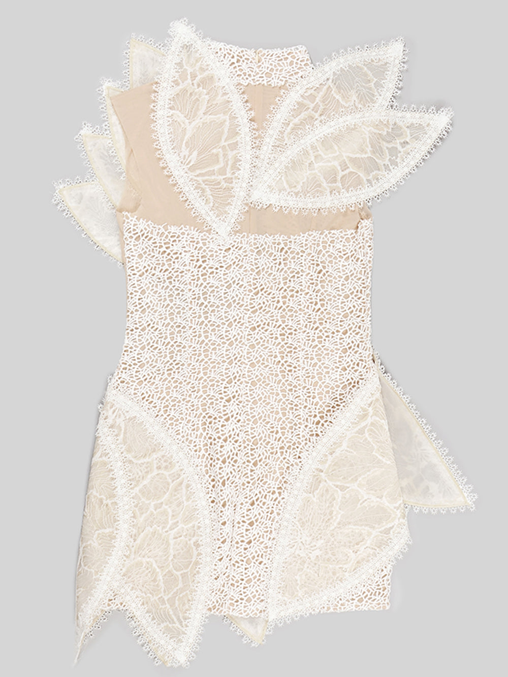 High Neck One Shoulder Architectural Lace Fan Panel Mini Dress