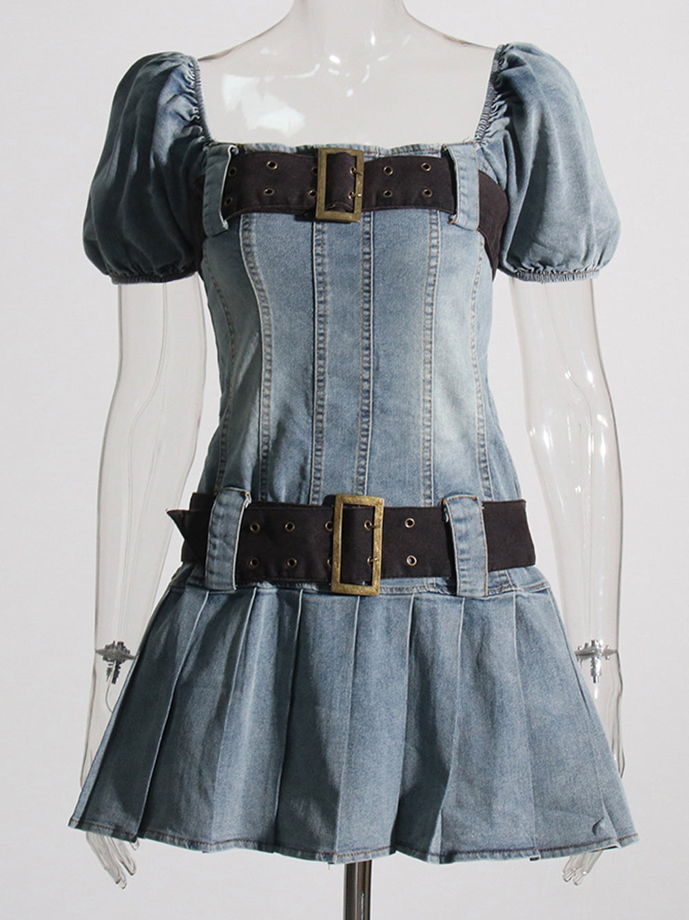 Square Neck Puff Sleeve Denim Fit and Flare Mini Dress