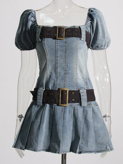 Square Neck Puff Sleeve Denim Fit and Flare Mini Dress