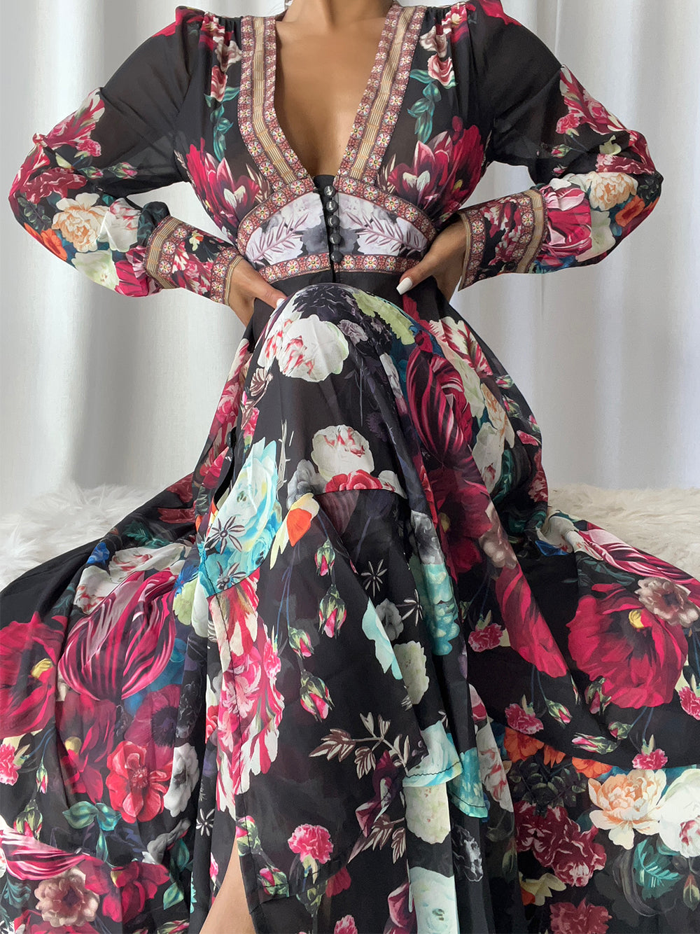 Deep V Neck Empire Waist Border Trim Button Tiered Floral Maxi Dress