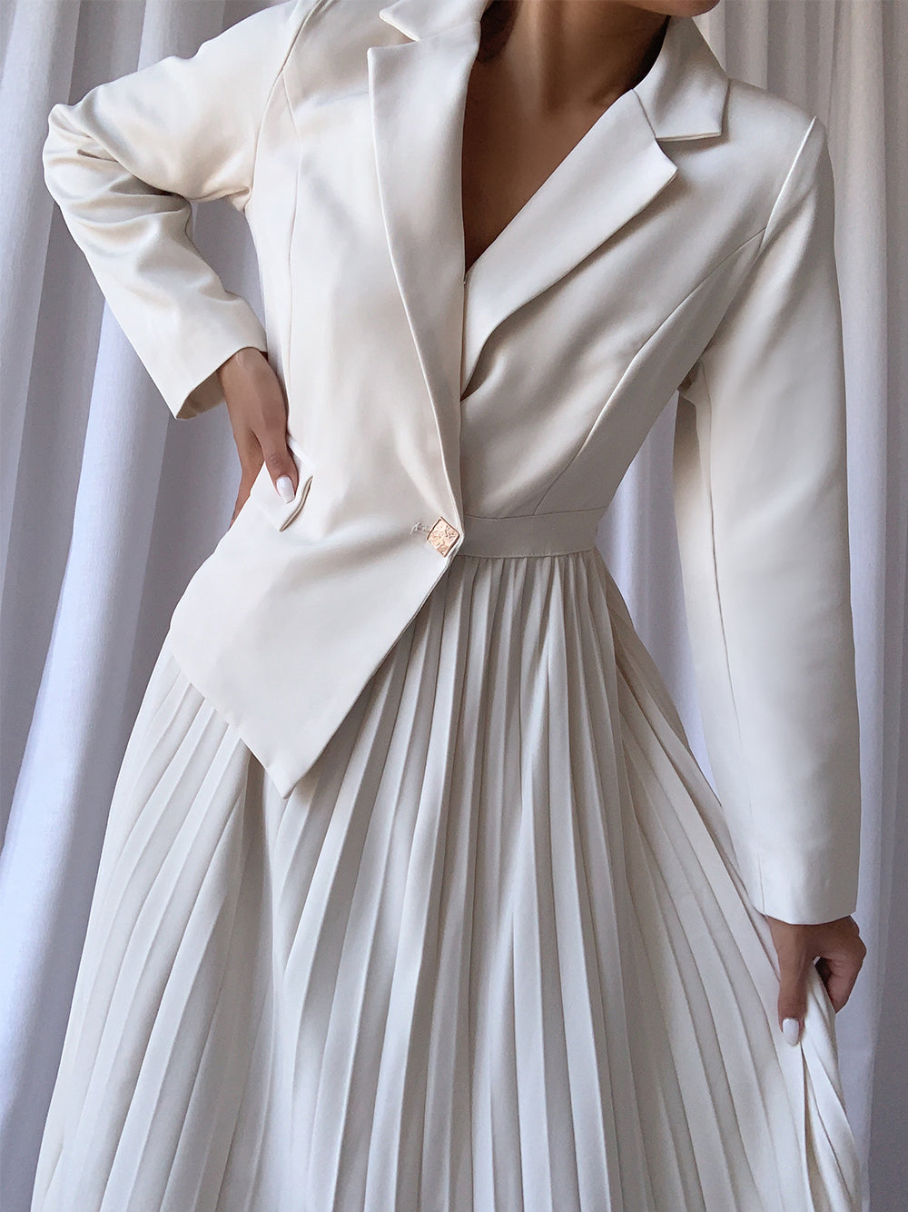 Notched Lapel Long Sleeve Button Front Blazer Pleated Midi Dress