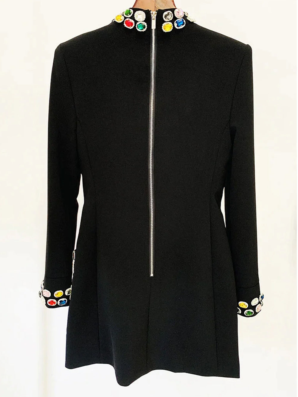 Mock Neck Multi Gem Embellished Patch Pocket Shift Mini Dress