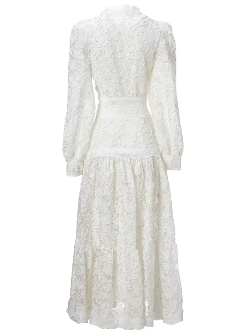 V Neck Long Sleeve Tiered Floral Lace Midi Dress