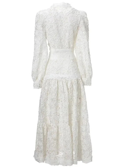 V Neck Long Sleeve Tiered Floral Lace Midi Dress