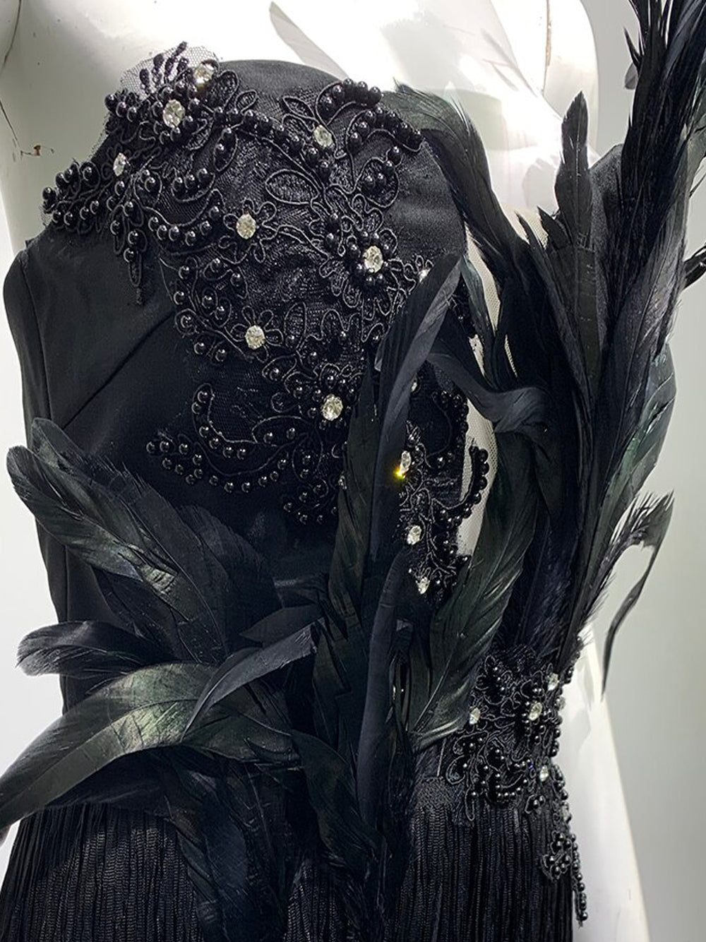 Strapless Beaded Feather Applique Fringe Hem Mini Dress