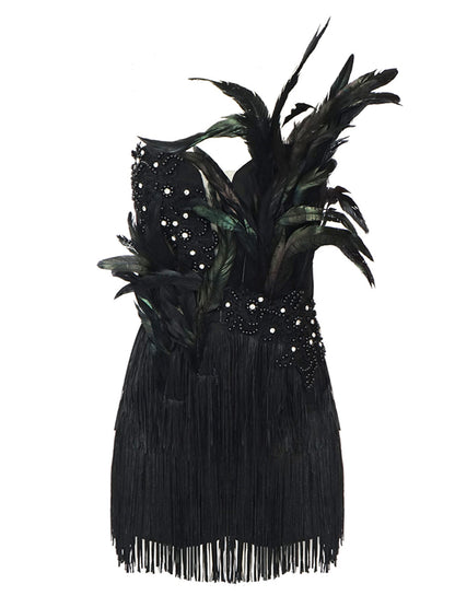 Strapless Beaded Feather Applique Fringe Hem Mini Dress