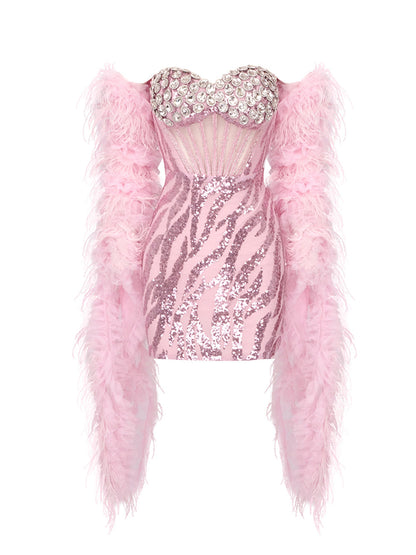 Off Shoulder Feather Sleeve Rhinestone Corset Sequin Print Mini Dress