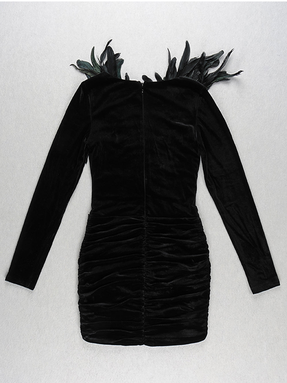 Deep V-Neck Long Sleeve Velvet Feather Trim Beaded Applique Ruched Mini Dress