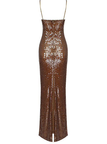 One Shoulder Draped Sequin High Slit Maxi Dress