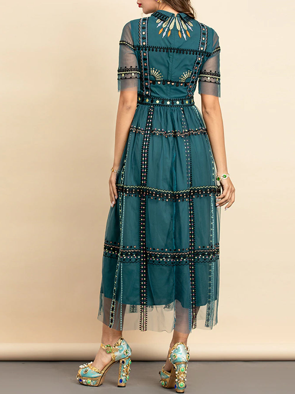 Collared Fan Motif Embroidered Mesh Studded Waistband Scalloped Lace Gown