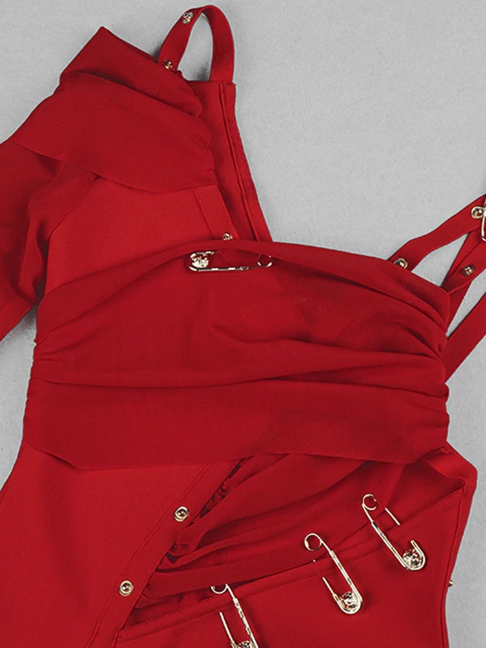 Red One Shoulder Ruched Cutout Side Slit Satin Maxi Dress