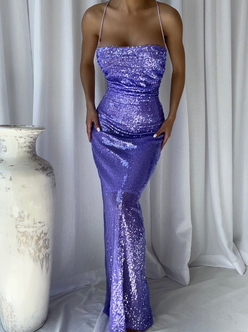 One Shoulder Sequin Draped High Slit Maxi Dress 2