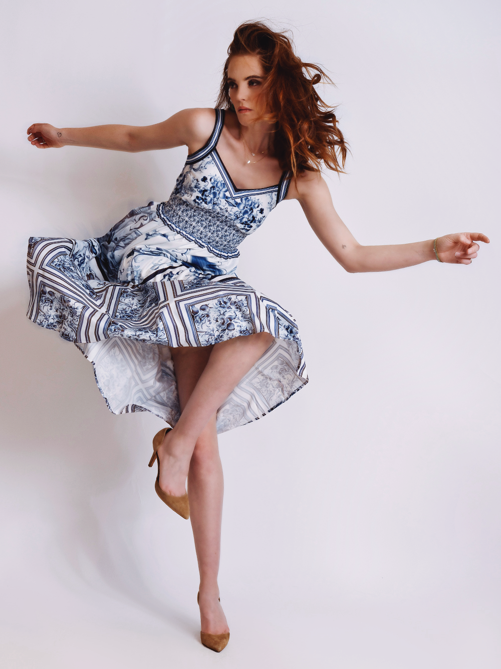 Spaghetti Strap Smocked Waist Tile Print Handkerchief Hem Midi Dress