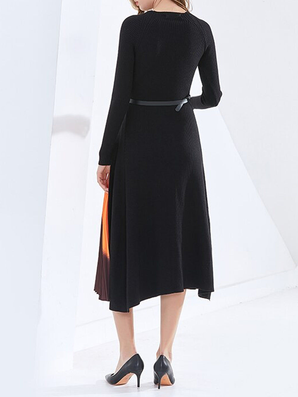 Crew Neck Rib Knit Long Sleeve Belted Ombre Pleated Inset Midi Dress