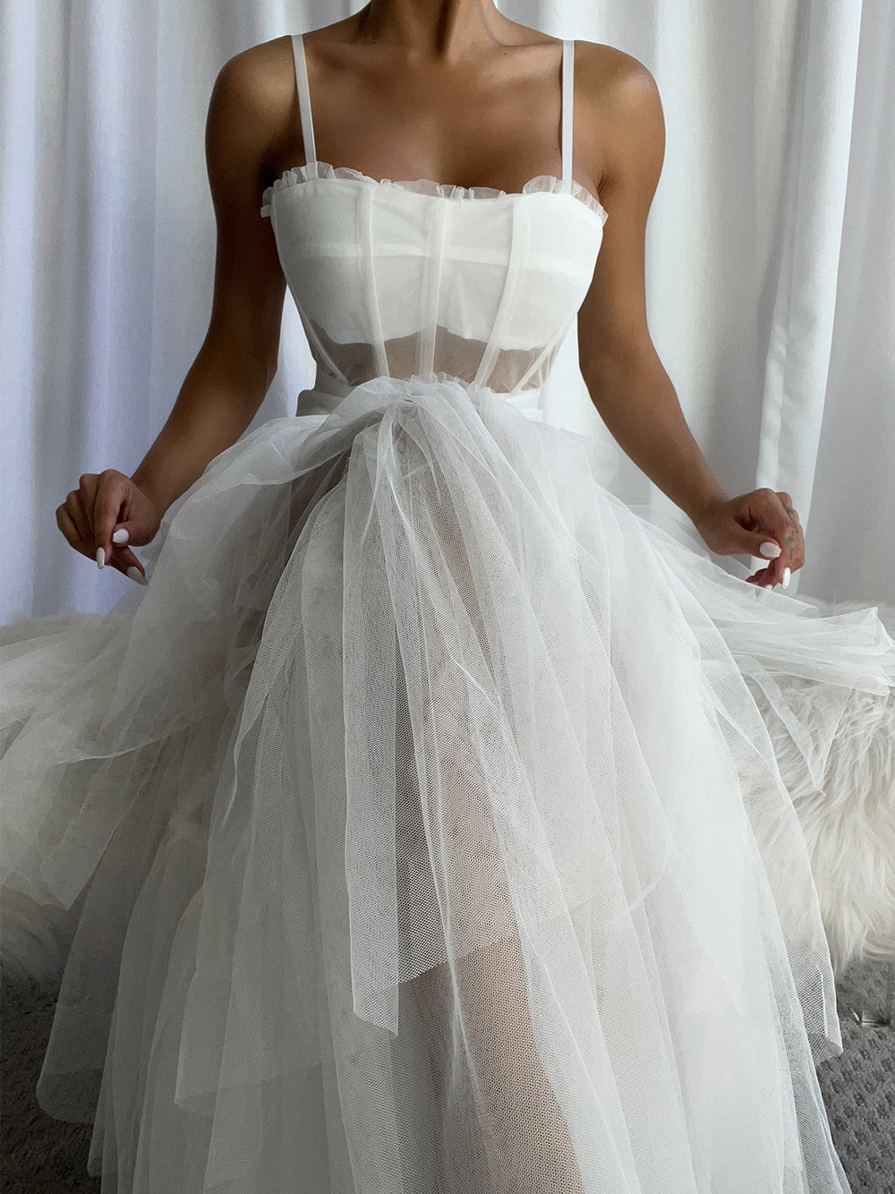 Spaghetti Strap Corset Sweetheart Mesh Panel Tiered Tulle Maxi Dress