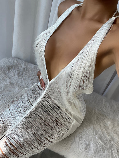 Halter Spaghetti Strap Side Cutout Horizontal Tassel Fringe Midi Dress