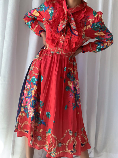 Square Neck Bow Trim Floral Print Pleated Midi Dress