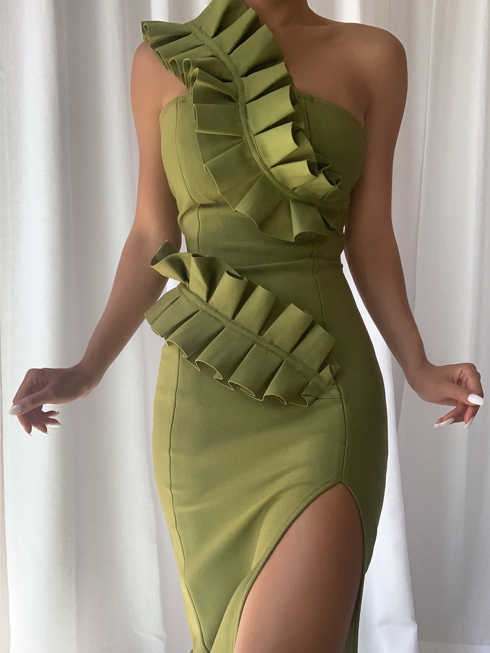 One Shoulder Ruffle Trim Waist Detail High Slit Bandage Midi Dress