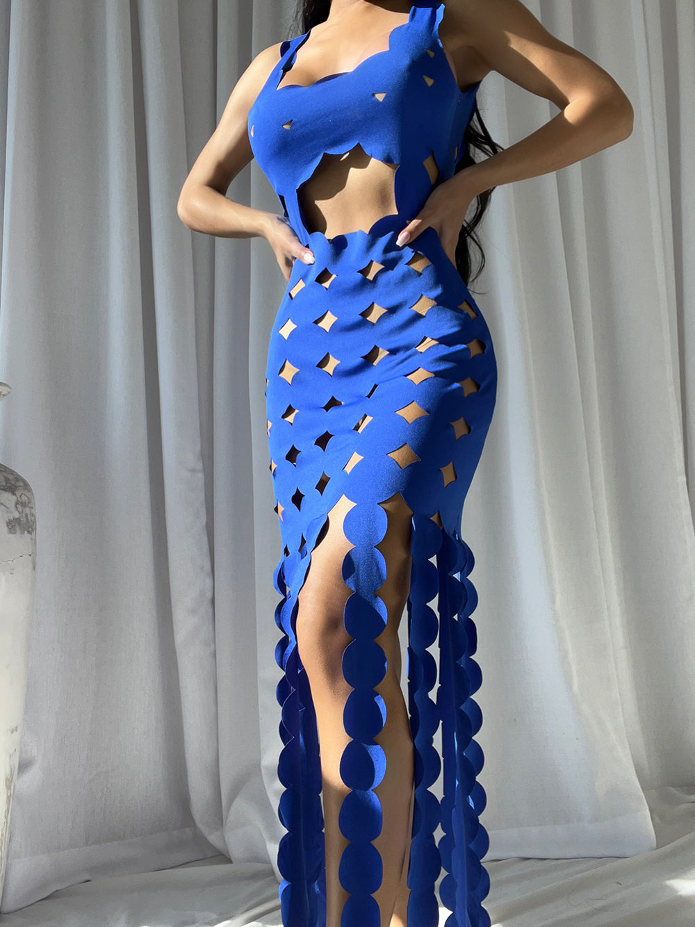 Blue Strapless Applique Fringe Tiered Maxi Dress
