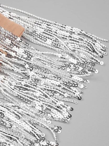 Deep V Neck Sequin Bodice Crystal Waistband Fringe Tier Mini Dress
