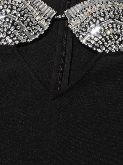Halter Rhinestone Bust Triangle Cutout Faux Fur Sleeve Mini Dress