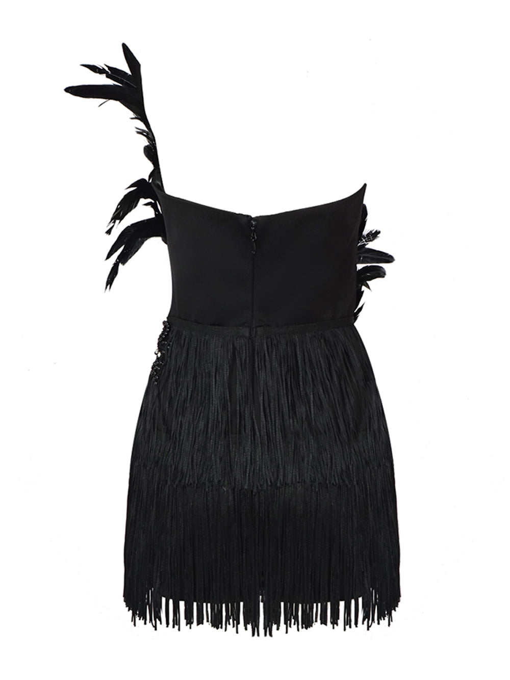 Strapless Beaded Feather Applique Fringe Hem Mini Dress