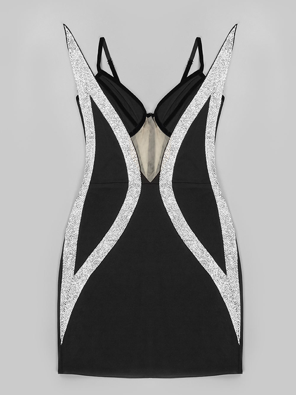 Sweetheart Spaghetti Strap Rhinestone Hourglass Mesh Panel Mini Dress