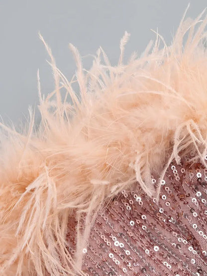 Strapless Feather Trim Sequin Bodycon Mini Dress