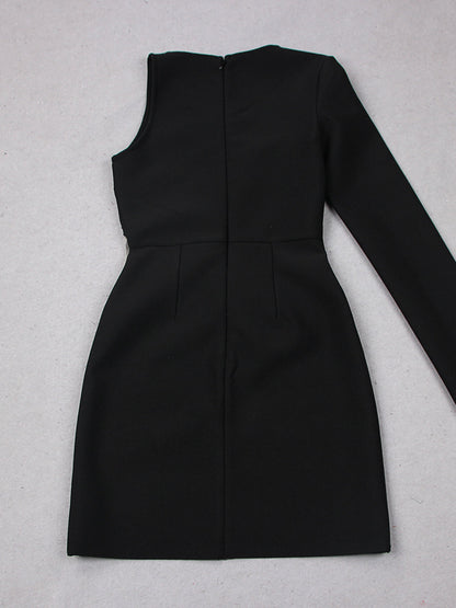 One Shoulder Crystal Wave Mesh Panel Asymmetric Hem Mini Dress