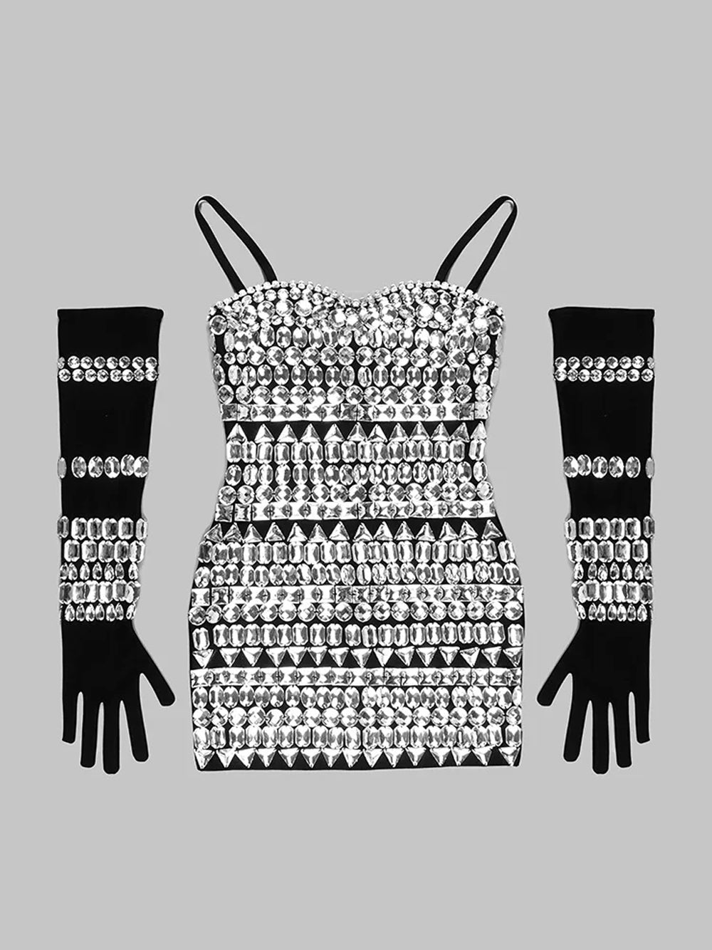 Sweetheart Spaghetti Strap Multi Gem Crystal Opera Glove Mini Dress