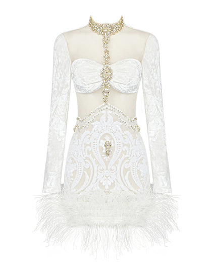 Crystal Choker Velvet Mesh Lace Feather Hem Mini Dress
