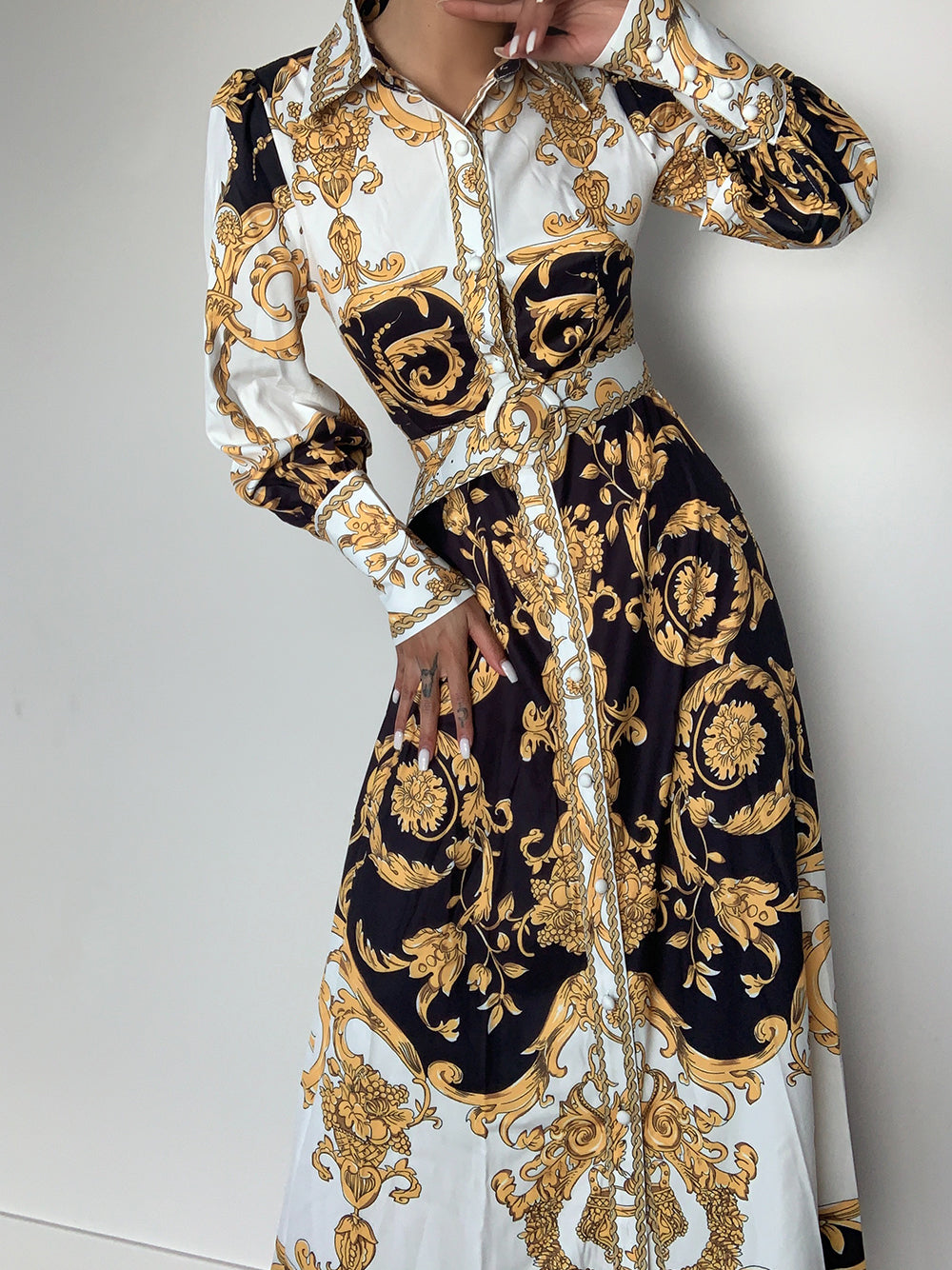Pointed Collar Puff Sleeve Belted Baroque Print Button Front Maxi Dress