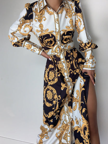Pointed Collar Puff Sleeve Belted Baroque Print Button Front Maxi Dress