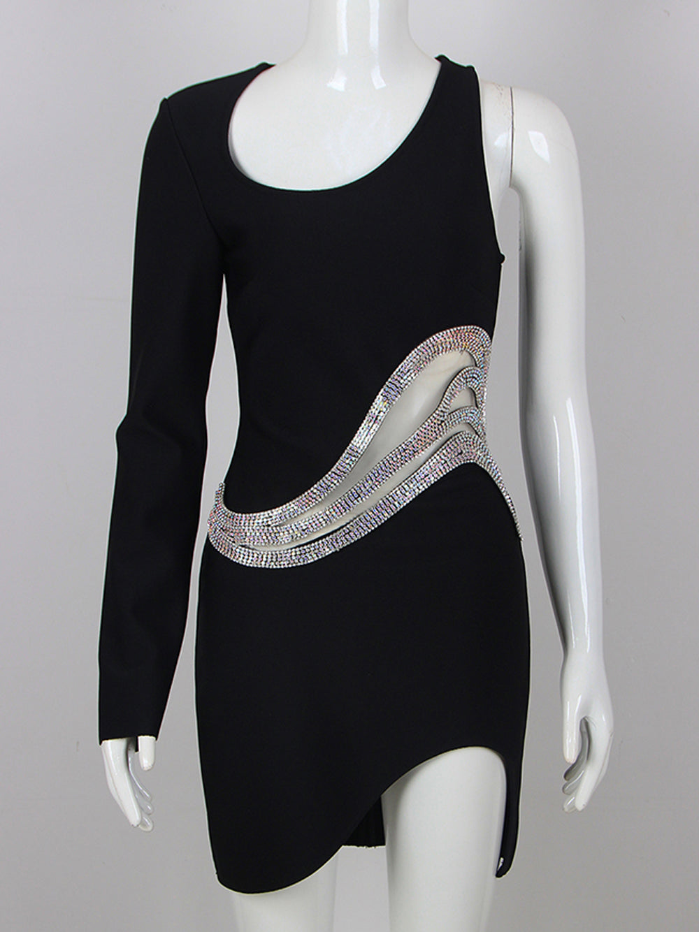 One Shoulder Crystal Wave Mesh Panel Asymmetric Hem Mini Dress