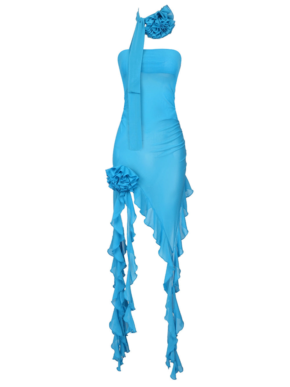 Strapless Rosette Choker Ruched Mesh Asymmetrical Ruffle Hem Mini Dress