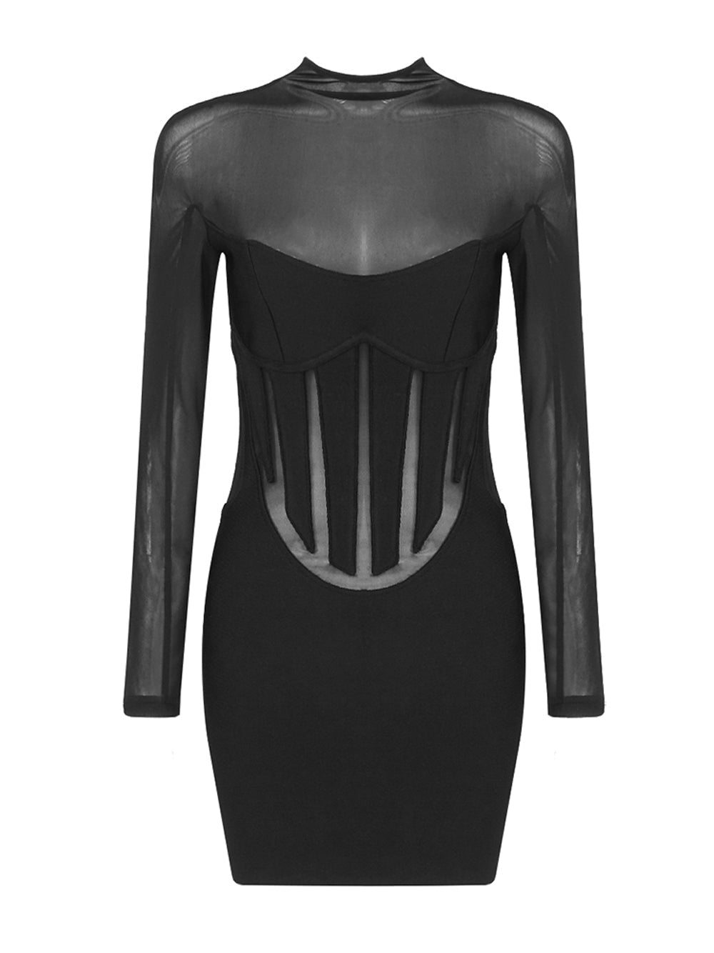 Mock Neck Corset Panel Mesh Insert Long Sleeve Bodycon Mini Dress