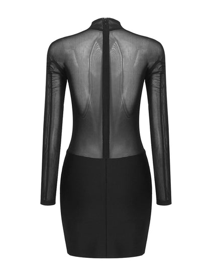 Mock Neck Corset Panel Mesh Insert Long Sleeve Bodycon Mini Dress