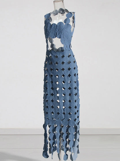 Denim Strapless Applique Fringe Tiered Maxi Dress