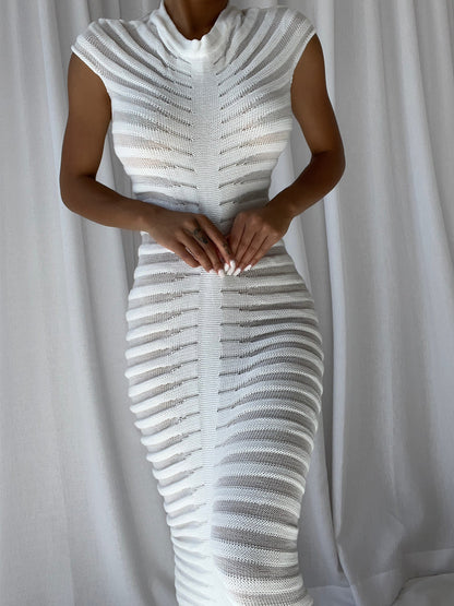 Mock Neck Pointelle Rib Knit Center Panel Cap Sleeve Midi Dress