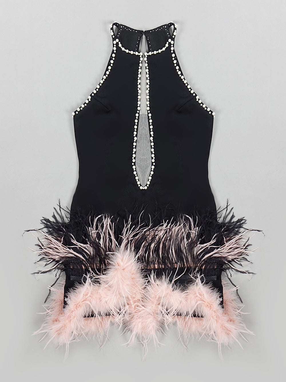 High Neck Pearl Trim Mesh Insert Feather Hem Bodycon Mini Dress