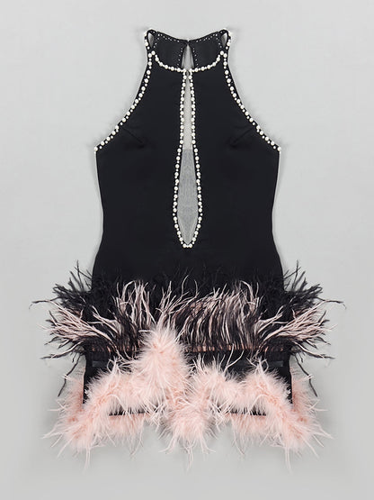 High Neck Pearl Trim Mesh Insert Feather Hem Bodycon Mini Dress