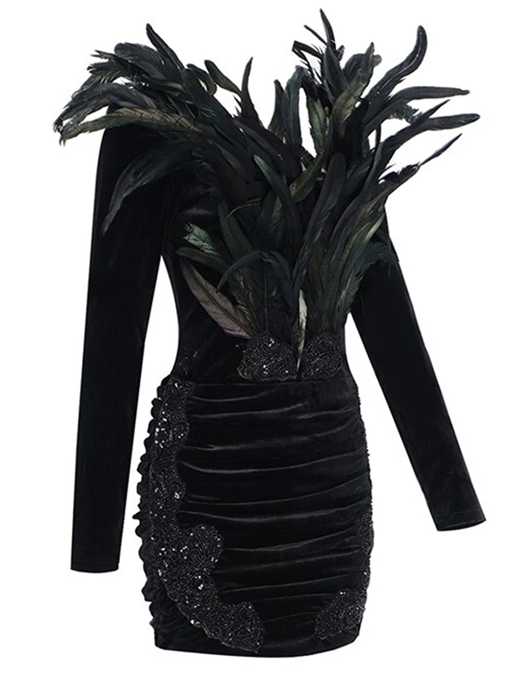 Deep V-Neck Long Sleeve Velvet Feather Trim Beaded Applique Ruched Mini Dress