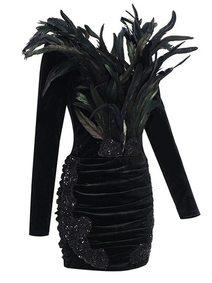 Deep V-Neck Long Sleeve Velvet Feather Trim Beaded Applique Ruched Mini Dress