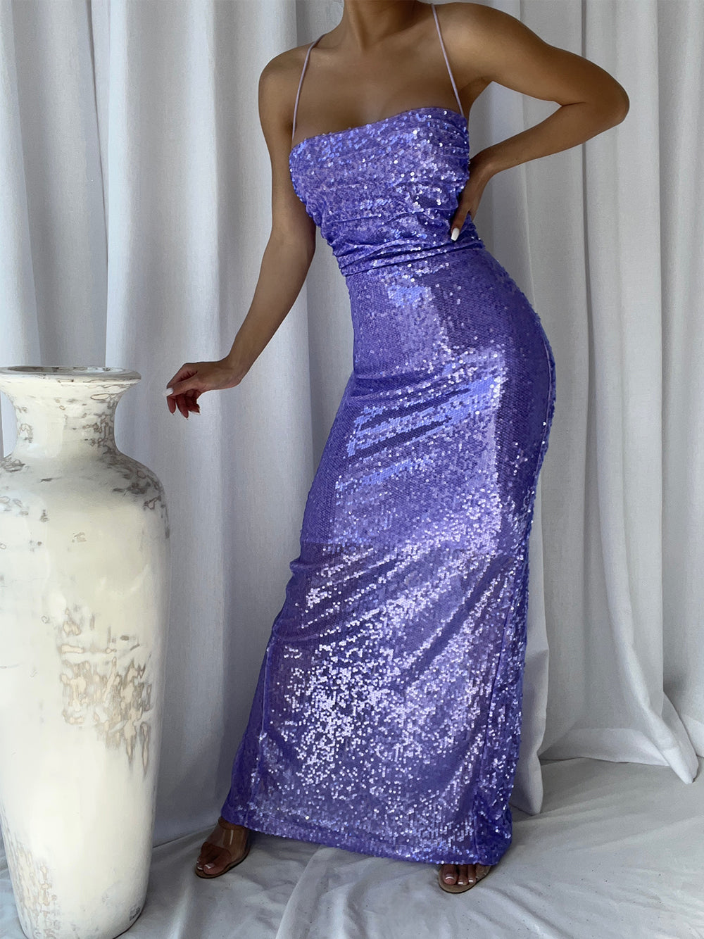 One Shoulder Sequin Draped High Slit Maxi Dress 2